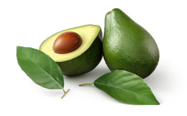 Avocados Fruit with Leaves and Sliced Avocado - Generative AI