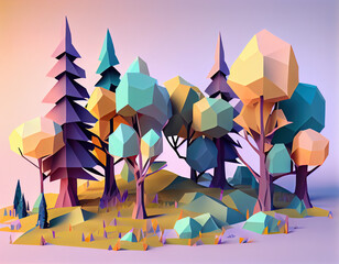 Low-poly pastel-colored forest with geometric shapes and dreamy atmosphere. Generative AI