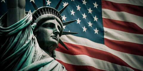 Obraz premium Statue of liberty with an American flag flying in the background. The concept of democracy and freedom, the Fourth of July holiday Independence Day in the United States. Generative AI.