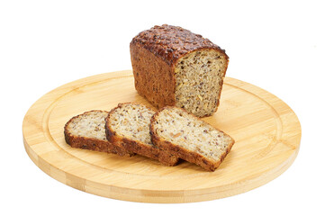 Bread made of wheat flour with seeds cut into slices on a wooden board on a white background