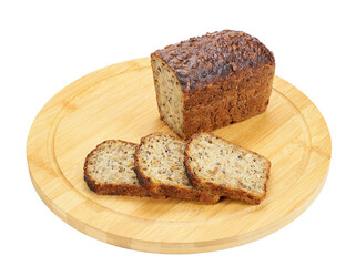 Bread made of wheat flour with seeds cut into slices on a wooden board on a white background