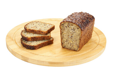 Bread made of wheat flour with seeds cut into slices on a wooden board on a white background