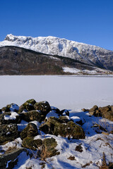 Granvin Lake vertical view, Granvin, near Voss, Norway in Winter