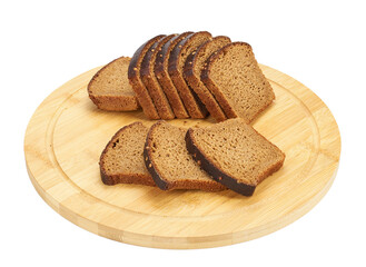 Bread made of wheat flour with seeds cut into slices on a wooden board on a white background
