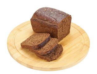 Rye bread slices over wooden board isolated over white background. Flat lay, top view.