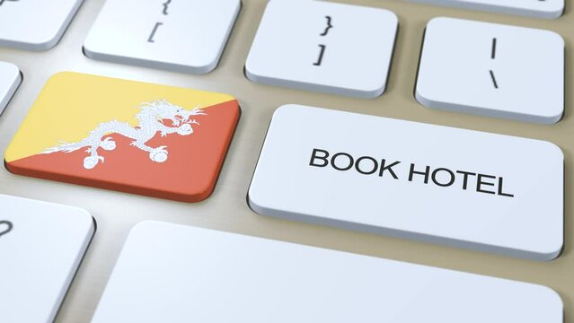 Book hotel in Bhutan with website online. Button on computer keyboard. Travel concept 3D animation. Book hotel text and Bhutan national flag