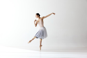 Beautiful woman ballet dancer dancing over white background © Lustre Art Group 