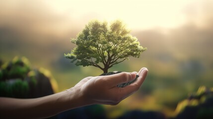"Artistic Hands Embrace Nature's Beauty: Holding Tree Over Blurred Background".Generative Ai