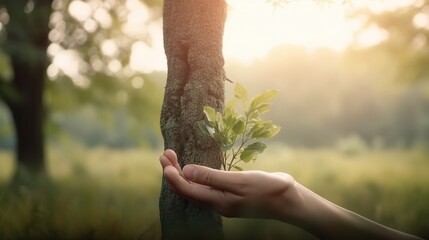 "Artistic Hands Embrace Nature's Beauty: Holding Tree Over Blurred Background".Generative Ai