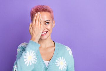 Photo of lovely nice cute woman short hairstyle dressed blue cardigan cover eye look empty space...