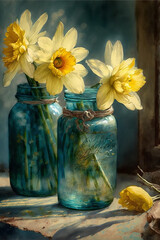 Fototapeta na wymiar old blue glass jars with sunshine yellow Generative AI