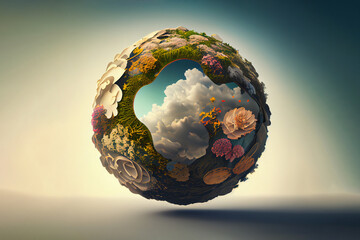 Earth Day concept illustration , Earth globe with beautiful nature , blooming plant and clean water, generative ai