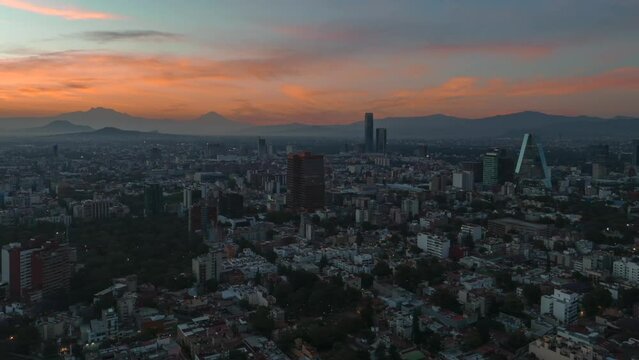 Beautiful aerial view of modern urban Mexico City, at sunrise