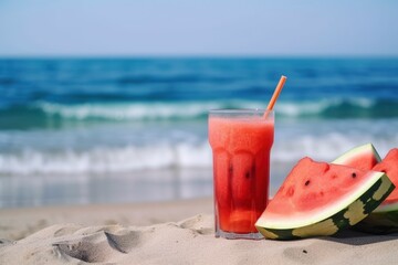 Watermelon juice on beach background created with Generative AI