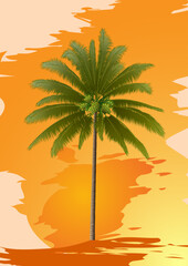 Palm tree and summer vacation. Vector illustration of a palm tree on a sandy seashore. Sketch for creativity.
