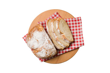 Freshly baked bread slices on cutting board isolated on white background . top view Sliced bread