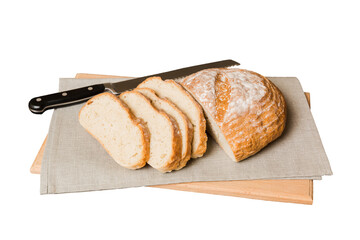 Assortment of freshly sliced baked bread with napkin isolated on white background. Healthy unleavened bread. French bread slice