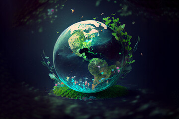 Obraz na płótnie Canvas world environment and Earth day concept with green globe. Clouds and trees surround the earth globe. Ai generative. 