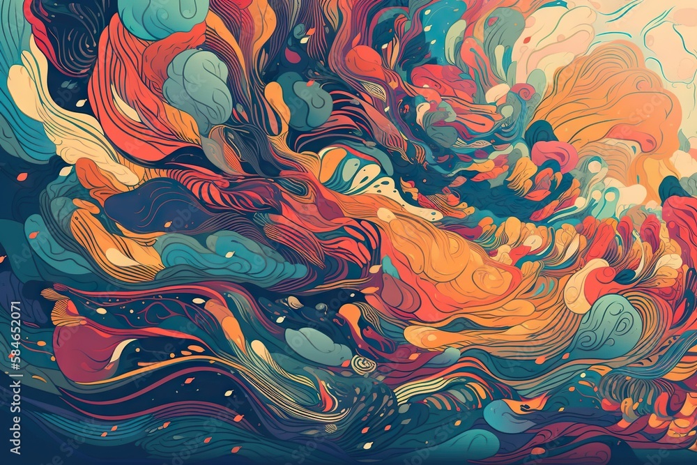 Poster a colorful abstract painting with a blue background and a red and yellow swirl coral reef abstract e