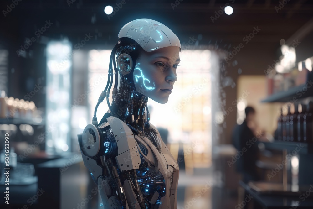 Poster a robot is standing in a room with a bar in the background factory animation artificial intelligence