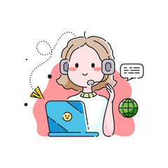 Customer support concept illustration. Accepting order online. Woman from online support sits in front of a laptop and confirms the order online or answers the customer's questions.