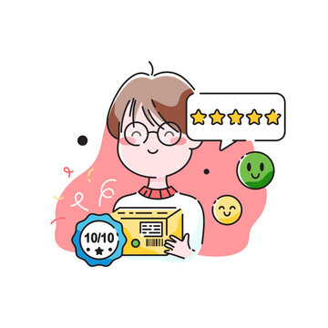 Receive online order concept. A satisfied customer has received his parcel and leaves a good review. 5 stars feedback rating for fast delivery. Isolated cartoon vector illustration.