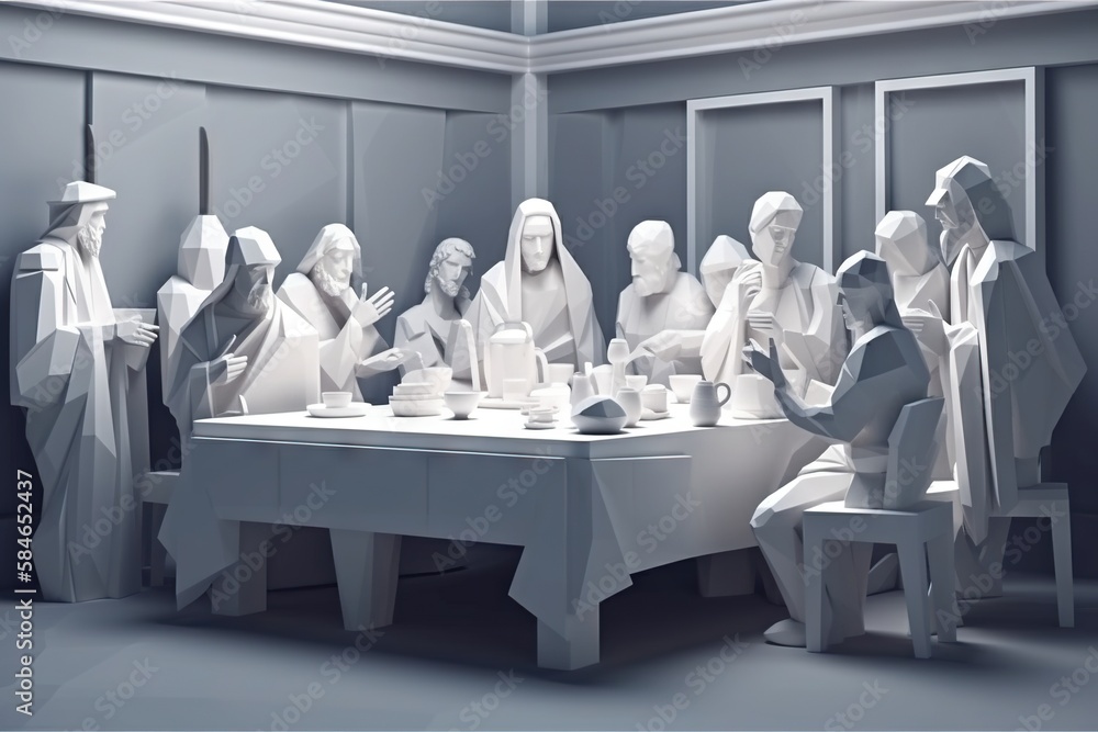 Poster a group of people sitting around a table with a statue of jesus conference room animation motion gra
