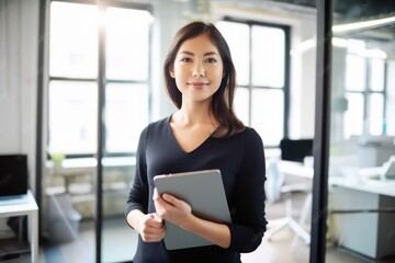 Obraz premium Confident young professional in office with tablet. Photo generative AI