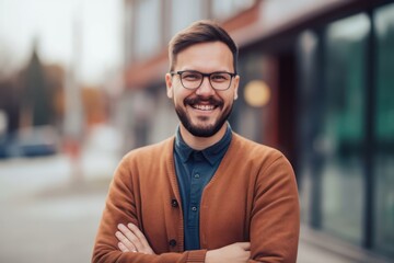 Obraz premium Happy man outside in cityscape. Photo generative AI
