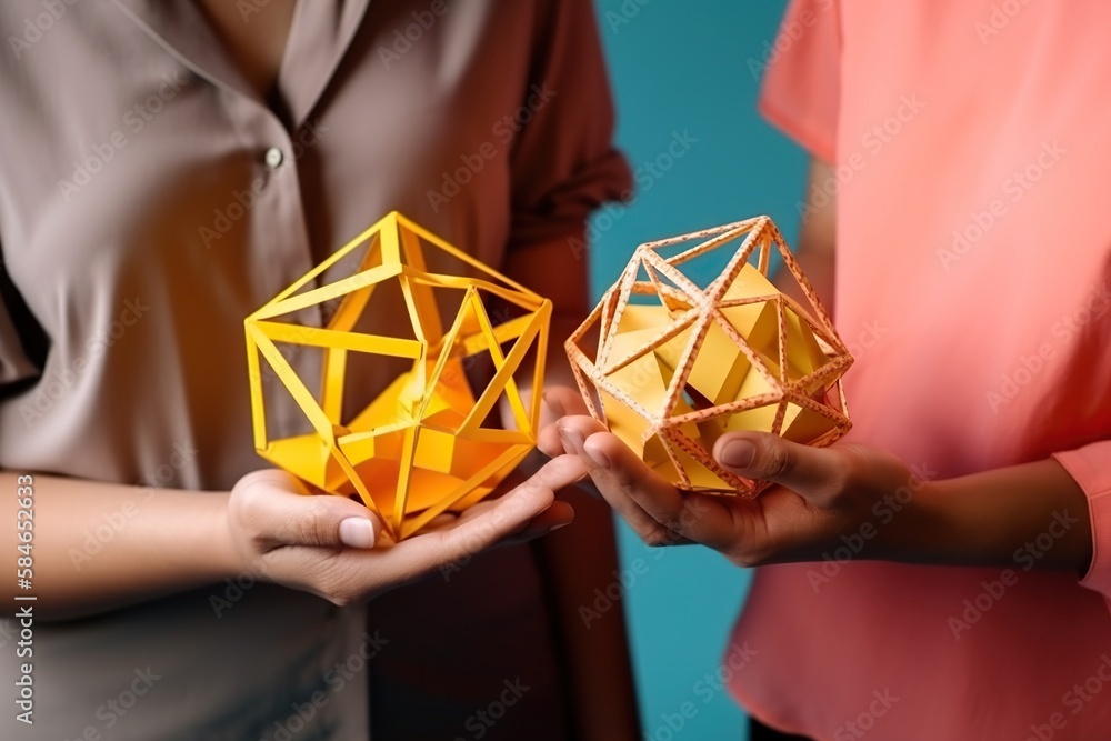 Poster two people holding small yellow objects in their hands one of them is a cube workshop paper cutting 