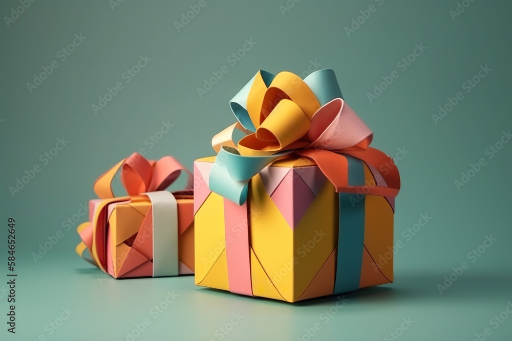 Poster a colorful gift box with a bow on top of it and another present box with a bow on top workshop origa
