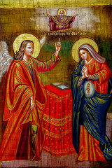 Fototapeta premium Painting in the Greek orthodox church of the Annunciation, Nazareth, Israel. The Annunciation.