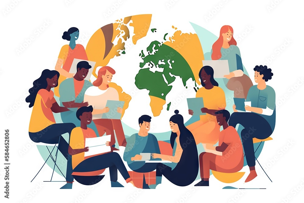 Poster a group of people sitting around a world map on a white background workshop graphic design diversity