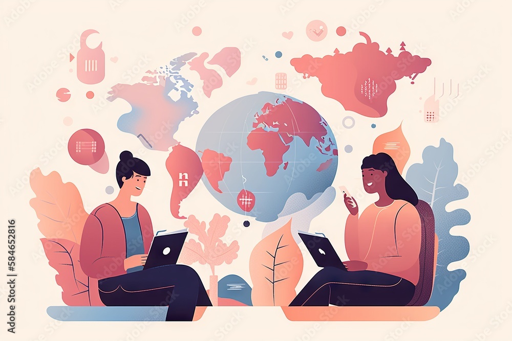 Poster two people sitting on a bench with a laptop and a globe workshop graphic design infographic design g