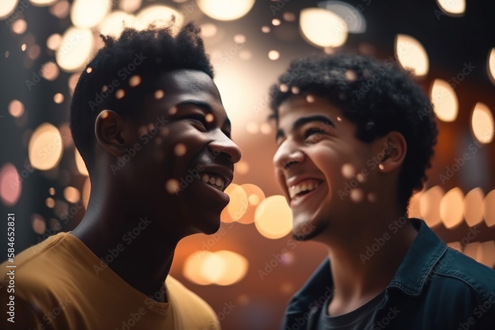 Poster two men laughing and looking at each other with lights in the background amusement park portrait pho