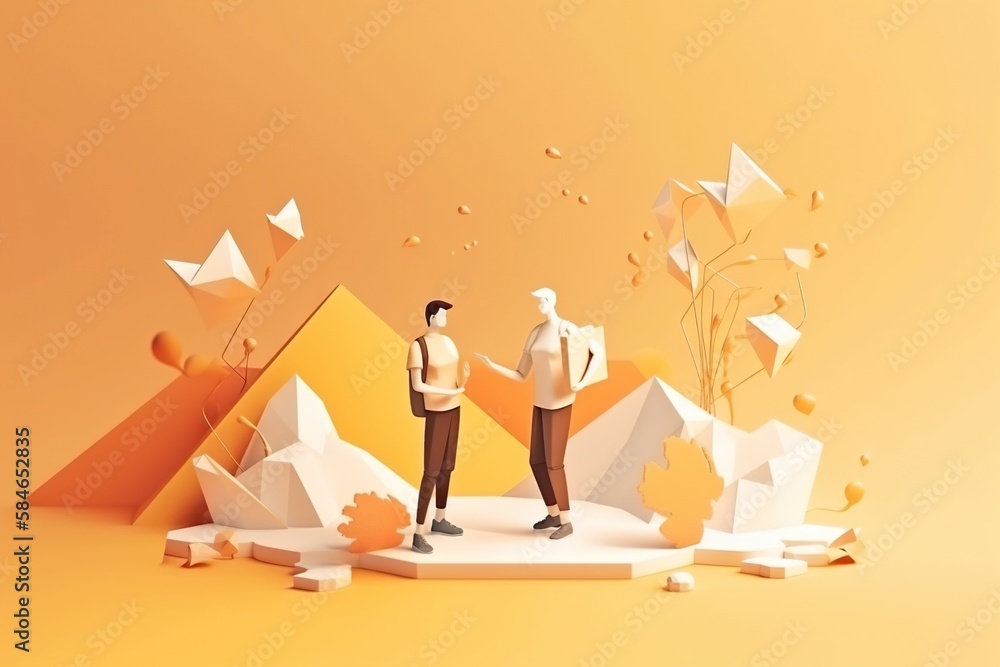 Poster two men standing on a podium with paper airplanes flying above them snowy mountain peak animation mo