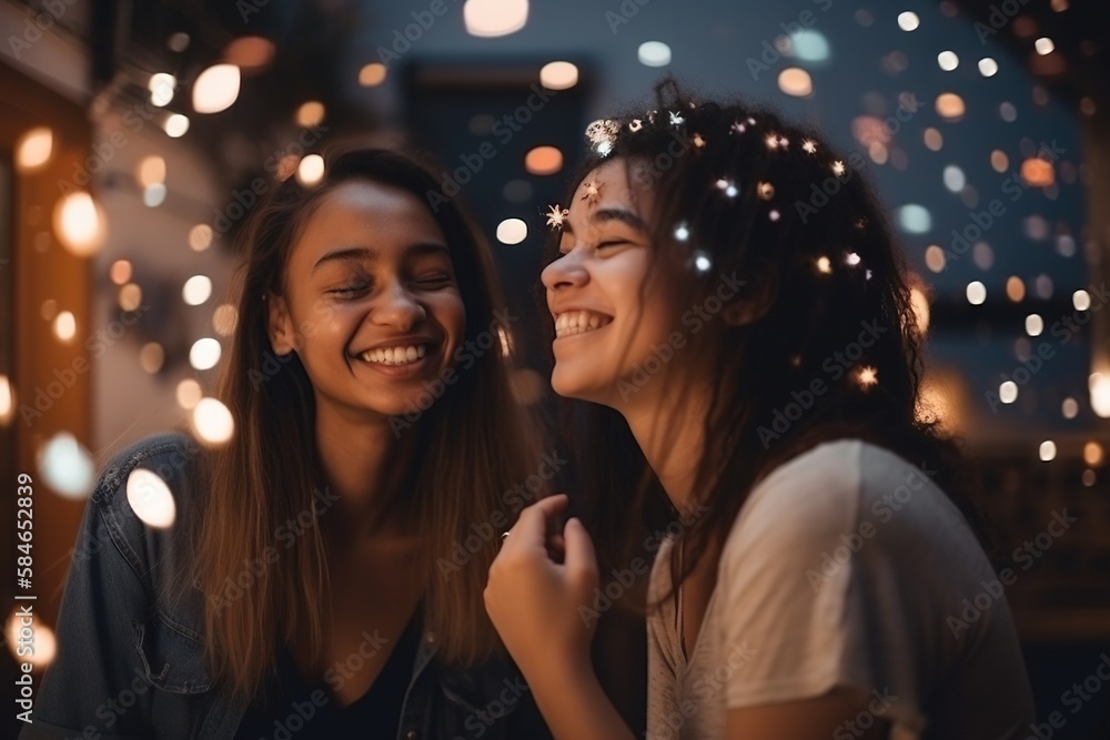 Aufkleber two women are smiling and laughing together in front of a string of lights seaside boardwalk in the 