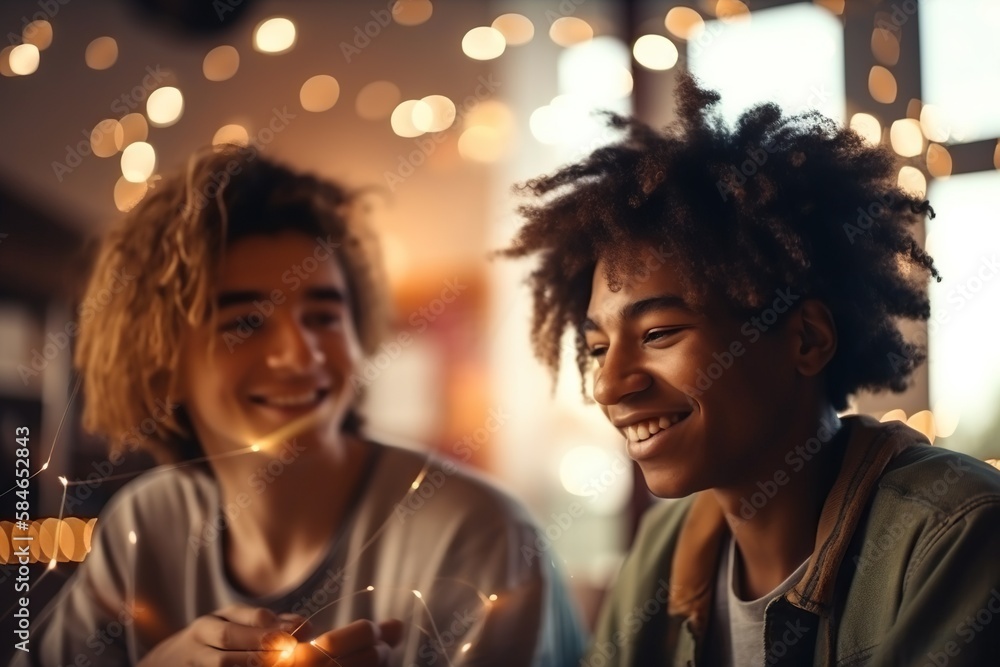 Poster two people sitting at a table with a light in front of them seaside boardwalk in the evening with li
