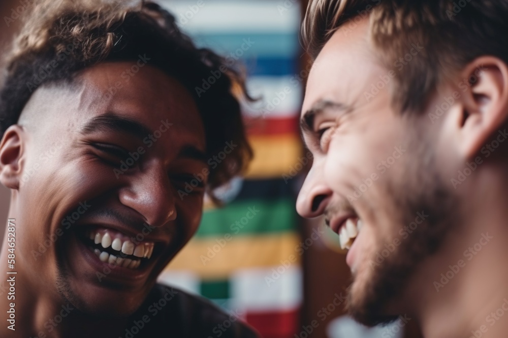 Aufkleber two men laughing and looking at each other with a multi - colored background sports bar portrait pho
