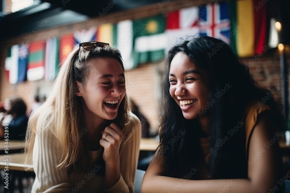 Poster two women laughing and sitting at a table in a restaurant with flags in the background hostel portra