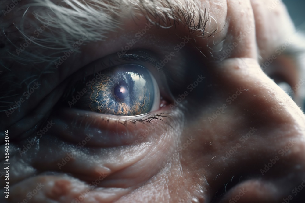 Poster a close up of an older man's eye with a blurry background zoo photorealism motion graphics generativ