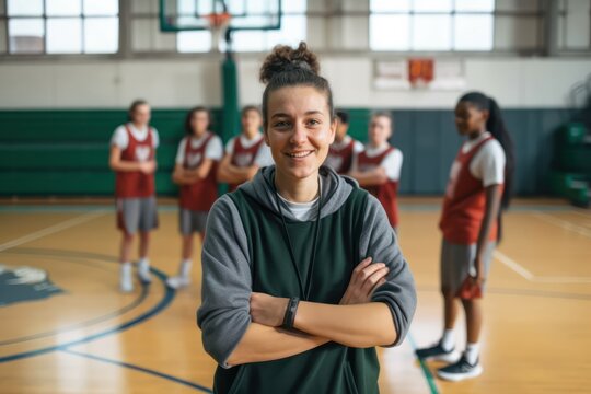 Group of Women: Coach & Players on Court. Photo generative AI