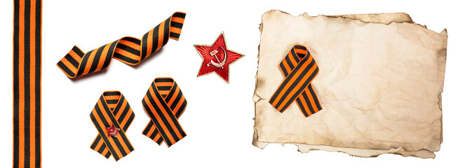 old scorched blank paper and St. George ribbon set isolated on white background. 9th May. Victory...