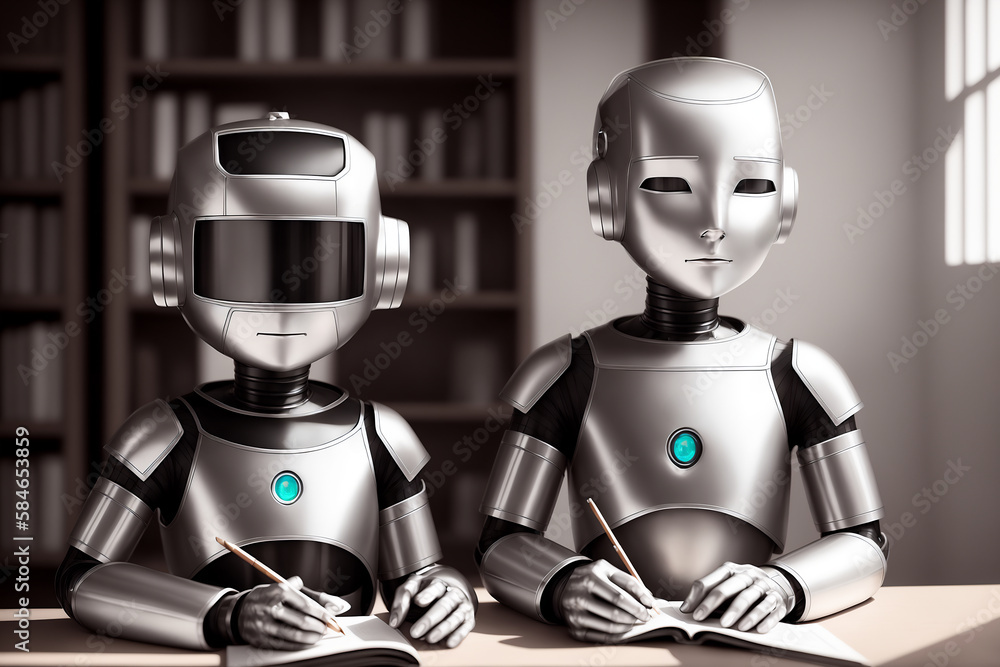 Aufkleber two antropomothic robots androids doing home task, concept of machine learning. ai generative illust
