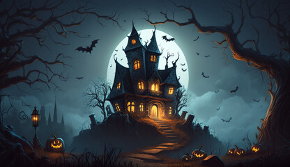 Halloween night with a spooky house and bats, halloween background. - obrazy, fototapety, plakaty