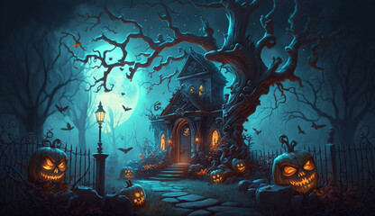 Halloween night with a spooky house and bats, halloween background.