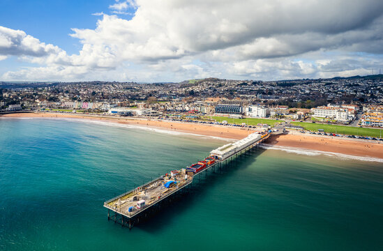 Aerial view of Paignton Pier and Beach from a drone, Paignton, Devon, England, Europe