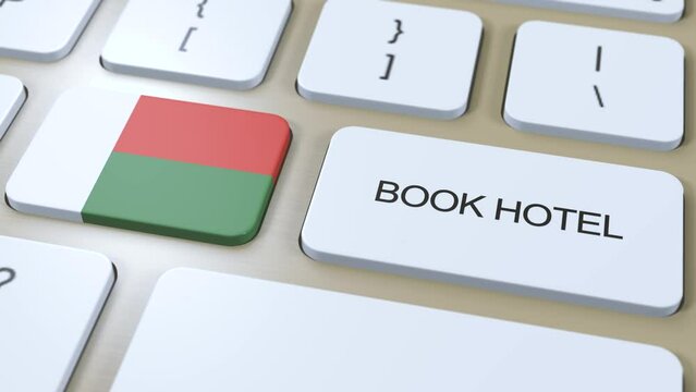Book hotel in Madagascar with website online. Button on computer keyboard. Travel concept 3D animation. Book hotel text and Madagascar national flag