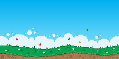 Colorful simple vector pixel art horizontal illustration of summer landscape of butterflies fluttering above daisies in the style of retro platformer video game level