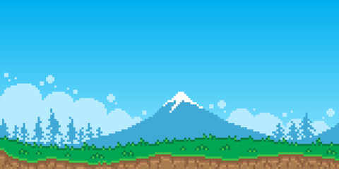 Obraz premium Colorful simple vector pixel art horizontal illustration of daylight over mountain snowy peak, fir trees and green grass in the style of retro platformer video game level
